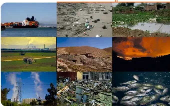 Collage de nueve fotografías que muestran impactos ambientales: un barco carguero, basura en la playa, un campo de cultivo, un volcán o cerro erosionado, un incendio forestal, torres de energía, escombros y peces muertos.