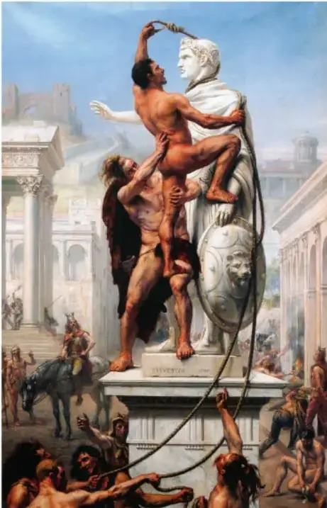 Ilustración de un grupo de personas derribando una estatua de un emperador romano, con edificios clásicos al fondo. Representa la caída del Imperio romano.