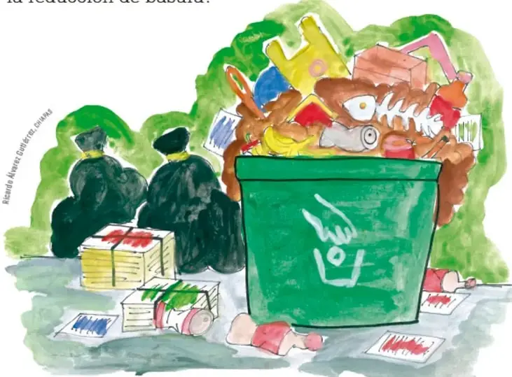 Ilustración de un bote de basura verde lleno de residuos (papel, plástico, latas, cáscaras) rodeado de bolsas negras, cajas y envases tirados en el suelo, con árboles verdes al fondo. Al lado izquierdo se lee el crédito 'Rebeca Álvarez Gutiérrez/ CUAIEED'.