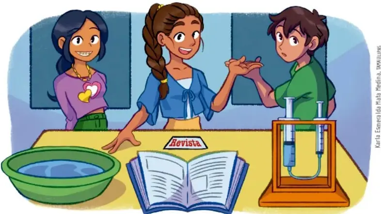 Ilustración de tres estudiantes (dos niñas y un niño) frente a una mesa con una revista abierta, un recipiente con agua y un instrumento de laboratorio (tubos de vidrio), conversando sobre su proyecto.