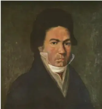 Retrato pictórico del compositor Ludwig van Beethoven con cabello oscuro peinado hacia atrás, cuello alto blanco y expresión solemne.
