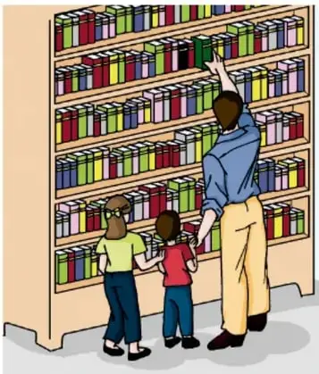 Ilustración de un adulto y dos niños tomando libros de una biblioteca repleta de estantes con libros de colores. Crédito: Irene Reyes Santiago, ESTADO DE MÉXICO.