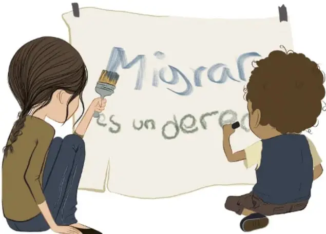 Dos niños de espaldas pintan una pancarta blanca con el texto "Migrar es un derecho".