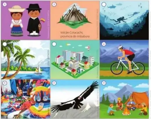 Cuadrícula 3x3 de imágenes para seleccionar las que corresponden a Imbabura: pareja Otavalo, Volcán Cotacachi, buceo, palmeras, edificios, ciclista, carnaval, cóndor, camping.