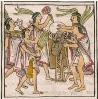 Ilustración de estilo codicial (tipo Códice Florentino) que muestra varias figuras indígenas con penachos participando en una actividad ceremonial o agrícola alrededor de un objeto central, posiblemente relacionada con el maíz.