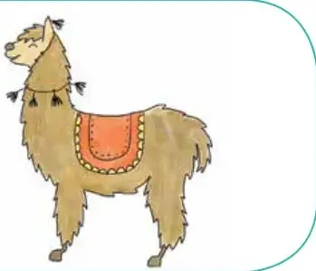 Ilustración de una llama de color café con una manta roja y naranja, de pie, mirando hacia la izquierda.
