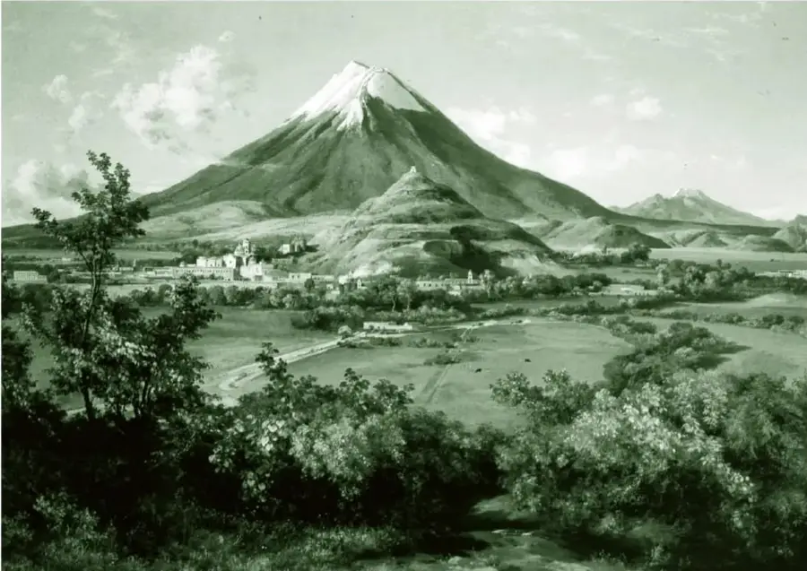 Reproducción de un paisaje pictórico en tonos verdes: un gran volcán nevado al fondo (recuerda al Popocatépetl), colinas cultivadas, un pueblo con iglesia, campos, un camino con personas y ganado, y vegetación frondosa en primer plano, al estilo decimonónico de José María Velasco.