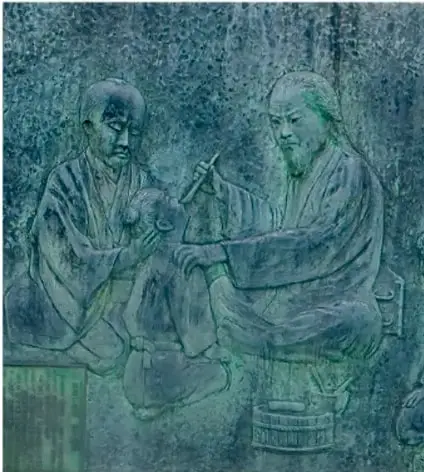 Grabado o pintura antigua que muestra a dos personajes chinos practicando la variolización con tubos.