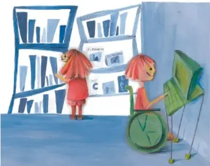 Ilustración de dos niñas frente a un librero con estantes: una niña de pie revisa los libros y otra, en silla de ruedas, frente a una computadora portátil. Crédito: Paola Ivonne Cruz Vázquez, Estado de México.