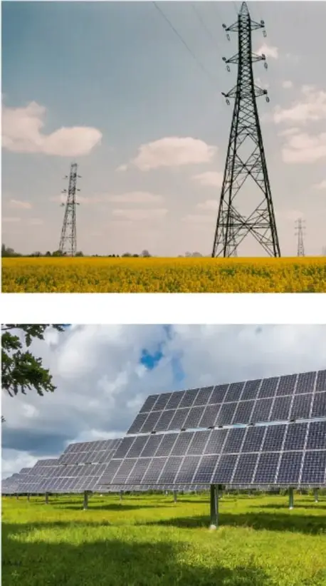 Torres de transmisión de energía eléctrica en un campo con flores amarillas y cielo con nubes.