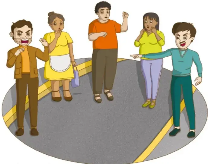 Ilustración de cinco personas de distintas edades y apariencias en un espacio público, con gestos de diálogo y sorpresa; sugiere diversidad y convivencia comunitaria. Crédito: Nathalia Colmar, Ciudad de México.