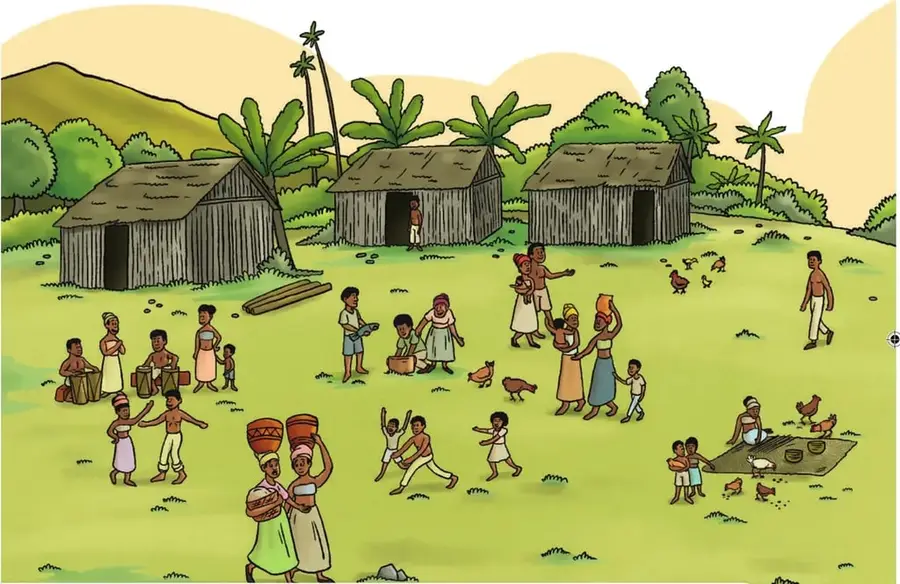 Ilustración de una comunidad afroecuatoriana en su entorno rural: chozas con techo de paja, personas adultas y niñas/niños jugando o caminando, gallinas, vegetación tropical.