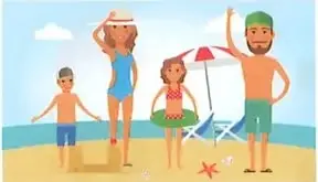 Tres imágenes: una familia en la playa, una familia en la montaña y una familia en un parque junto a un lago.