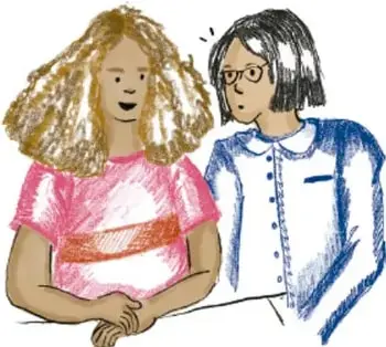 Ilustración de dos niñas conversando, una con cabello rizado y playera rosa y otra con lentes y blusa azul, acompañada del crédito Mónica Mendoza Cruz, Ciudad de México.