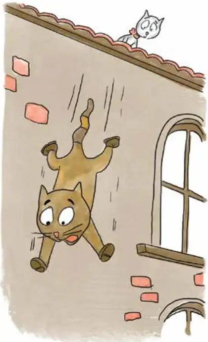 El gato café cae desde el borde del tejado con las patas abiertas; el gato blanco asoma la cabeza desde arriba. Al fondo, una pared con ventana y ladrillos.
