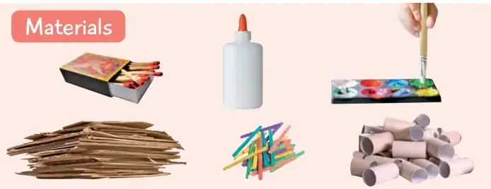 Recuadro rosado 'Materials' con imágenes de caja de cartón, botella de pegamento, témperas, palitos de madera, palitos de helado de colores y bloques de madera.