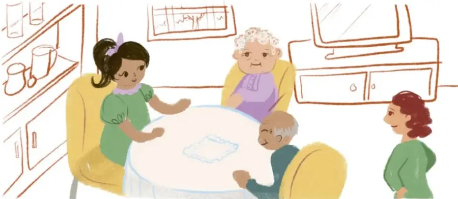 Ilustración de una familia reunida alrededor de una mesa dialogando.