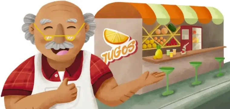 Ilustración de don Pancho, un señor mayor con bigote y lentes, frente a su puesto de jugos con toldo de colores verde y naranja, vasos verdes y frutas.