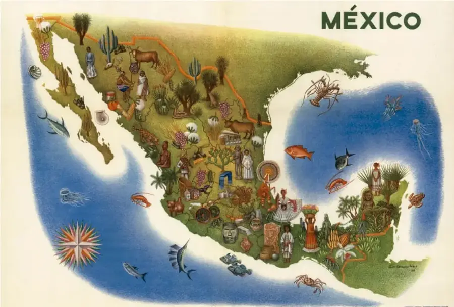 Mapa ilustrado de México con el título 'MÉXICO'. Muestra personas con trajes típicos de distintas regiones, animales, plantas y elementos del mar en las costas. Representa la diversidad cultural y natural del país.