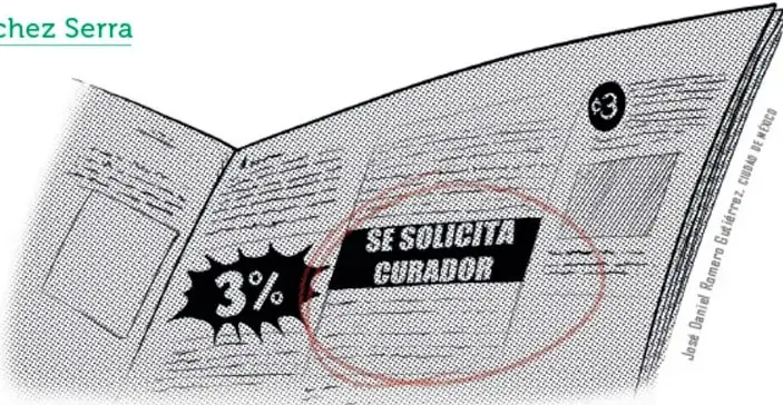 Ilustración de un libro abierto con un sello negro que dice «SE SOLICITA CURADOR» y un globo de historieta con «3 %». Crédito: Juan Daniel Romero Gutiérrez.