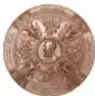 Imagen del reverso de una medalla circular de bronce, con ficha de descripción (Medalla, Homenaje a Maximiliano, México, 1875).