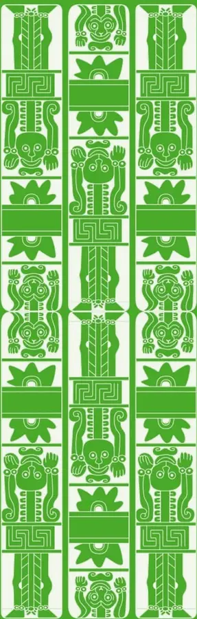 Banda decorativa vertical verde con tres columnas de figuras estilizadas de estilo prehispánico/mesoamericano: máscaras, aves, vegetales y signos geométricos tipo grecas, en blanco sobre verde.