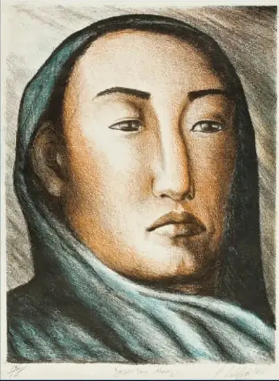 Retrato al carbón titulado Joven con rebozo (1948), de Celia Calderón de la Barca: rostro femenino con rebozo sobre la cabeza, trazo suave y mirada serena.
