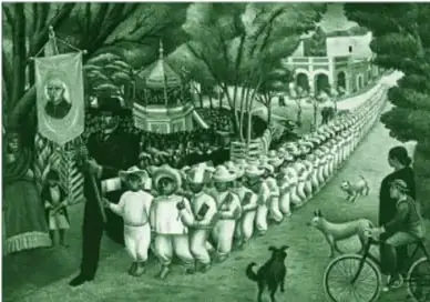 Pintura al óleo (en tonos verdes en la reproducción del libro) de un desfile escolar: dos filas de niños descalzos con ropa blanca, sombreros de paja y banderas tricolores, encabezadas por un educador de negro con estandarte de Miguel Hidalgo, en una calle empedrada con árboles, vecinos observando, un perro y una bicicleta.