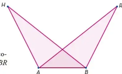 Cuadrilátero cruzado AHBR con diagonales AB y HR, mostrando triángulos ABH y ABR.