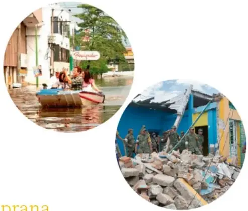 Dos fotografías circulares: una muestra una calle inundada con personas en una lancha y otra muestra soldados rescatando entre escombros de un edificio dañado.
