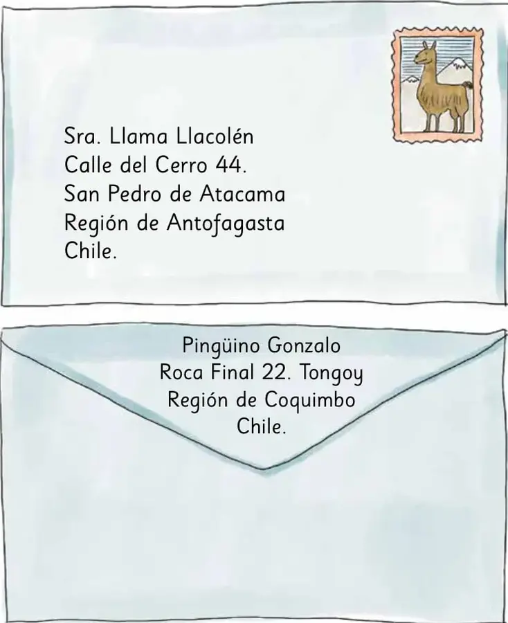 Ilustración de un sobre blanco con una estampilla que muestra una llama en un paisaje andino. En el sobre se leen los datos del destinatario y del remitente.