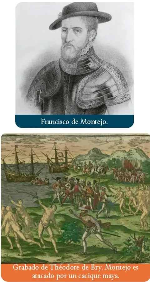 Retrato de Francisco de Montejo con armadura y sombrero, con la leyenda 'Francisco de Montejo'.