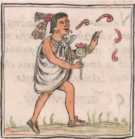 Ilustración de un indígena náhuatl danzando o cantando con plumas en la cabeza, portando un objeto ceremonial (posiblemente un sácapapalotl o instrumento), rodeado de símbolos de canto (glifos en forma de cuícatl del Códice Florentino).