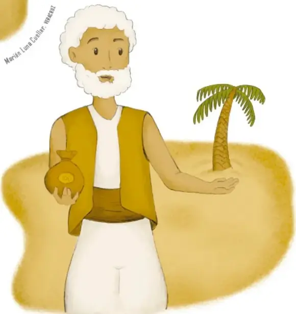 El anciano sonríe sosteniendo la bolsa con monedas y señalando la pequeña palmera plantada en la arena, ilustración de Merian Lam Calleros.