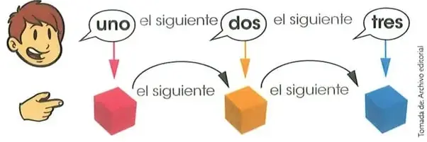 Ilustración que muestra el conteo de objetos con las palabras uno, dos y tres.
