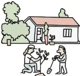 Ilustración de la fachada de la escuela con árboles y planta en maceta.