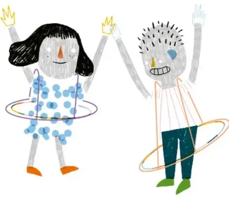 Ilustración a crayón de dos personajes levantando los brazos con chispas amarillas: una niña de vestido azul con puntos y un niño despeinado de blanco, ambos con un aro de colores alrededor del cuerpo en alusión a la Burbuja corporal.