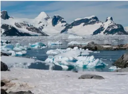 Glaciar con témpanos de hielo flotando en el agua, ejemplo del estado sólido del agua.