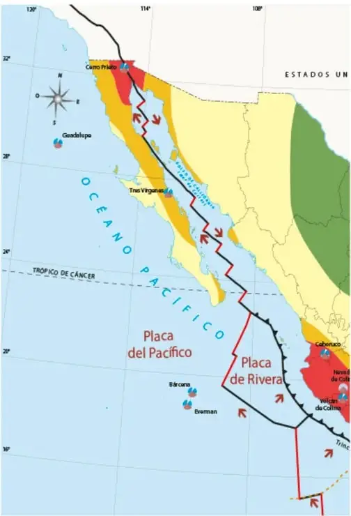 Mapa de la costa occidental de México que muestra la Placa del Pacífico y la Placa de Rivera, con límites de placas en rojo y negro.