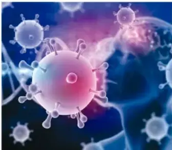 Representación de virus (esferas con proyecciones) en tonos azul y rosa.