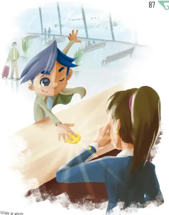 Ilustración de Martín, un niño de cabello azul, entregando una moneda dorada a una mujer detrás del mostrador de una taquilla de aeropuerto, con aviones y ventanas grandes al fondo.