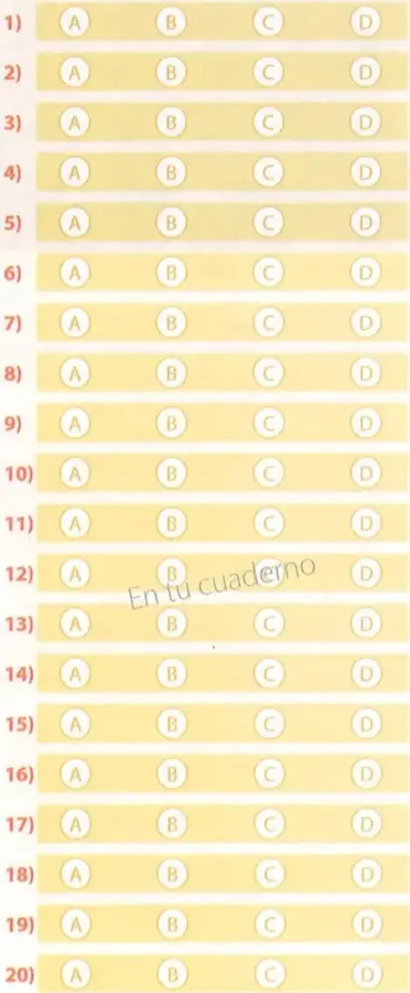 Instrucciones para marcar respuestas en círculos y una plantilla de respuestas numerada del 1 al 20.