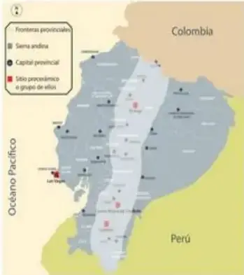 Mapa del Ecuador con sitios precerámicos marcados (Las Vegas, El Inga, Cubilán, Chobshi).