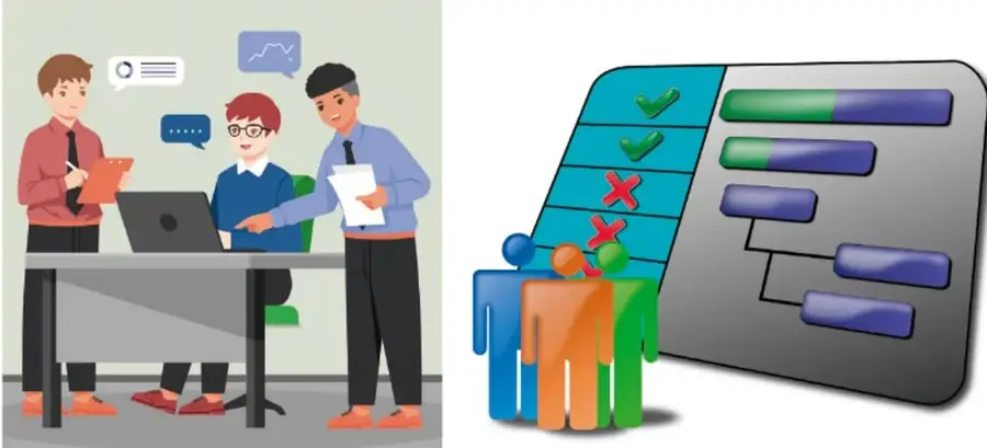 Ilustración de tres personas (equipo de trabajo) de pie alrededor de una mesa con un portátil, analizando documentos y gráficos, con globos de diálogo e iconos de datos sobre ellos.