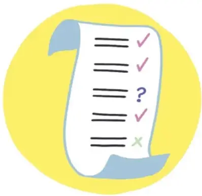 Lista de verificación con marcas, símbolo de encuesta o evaluación.