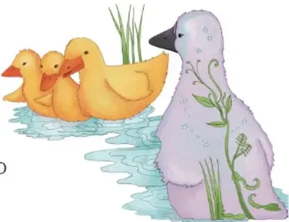 Ilustración de un patito amarillo pequeño junto a un pato adulto de plumaje morado, con juncos y agua, aludiendo al cuento 'El patito feo'.