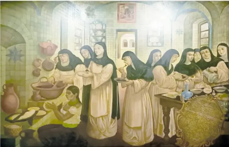 Pintura «La cocina en un convento de monjas», 1946, de Carlos González: monjas de hábito cocinando en una cocina de convento con ollas y mesas.