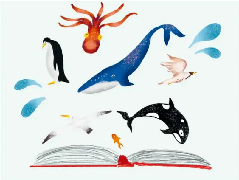 Ilustración de un libro abierto del que salen animales marinos: pingüino, pulpo, tiburón ballena azul, gaviotas, orca y pequeños peces.