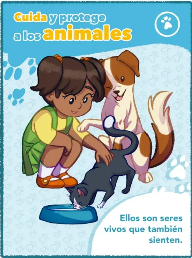 Cartel informativo ilustrado de fondo celeste con huellas: 'Cuida y protege a los animales'; niña con vestido verde acaricia un gato gris junto a un perro café y blanco; leyenda 'Ellos son seres vivos que también sienten'; pie: Cartel informativo.