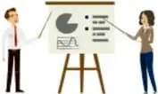 Ilustración de dos personas (un hombre y una mujer) frente a un pizarrón o rotafolio con gráficas, explicando la idea de negocio.